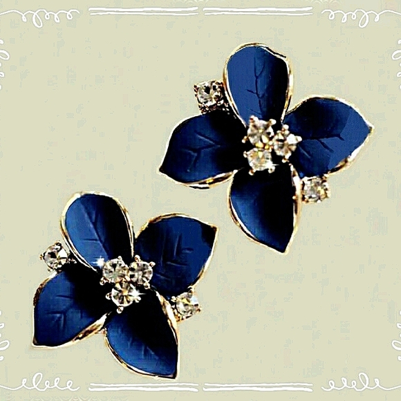 Satin Blue Flower Statement Earrings - Picture 2 of 6